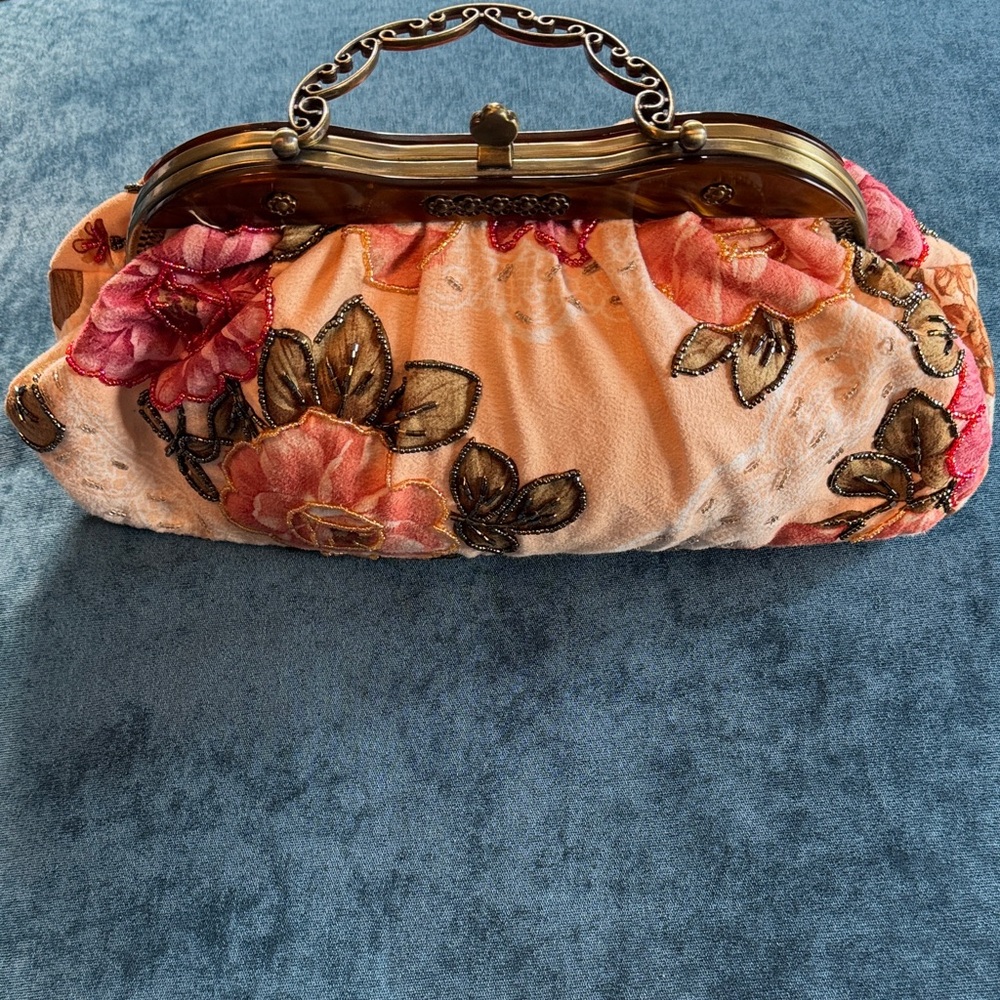 Floral Beaded Embroidery Clutch Bag - Orange and Pink